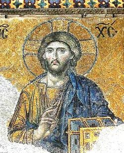 The most famous of the surviving Byzantine mosaics of the Hagia Sophia in Constantinople - the image of Christ on the walls of the upper southern gallery. Christ is flanked by the Virgin Mary and John the Baptist. The mosaics were made in the 12th century.