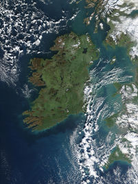 A true colour image of Ireland, captured by a NASA satellite on 4 January 2003. Scotland, the Isle of Man, Wales and part of CornwallT are visible to the east