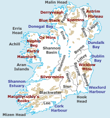 Some physical features of Ireland are shown on this map. (See also this larger version with more details).
