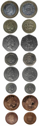 Obverse and reverse of common coins in current circulation, £2, £1, 50p, 20p, 10p, 5p, 2p and 1p