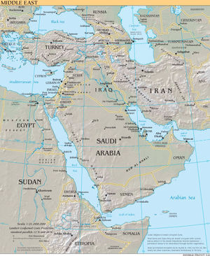A map showing countries commonly considered to be part of the Middle East