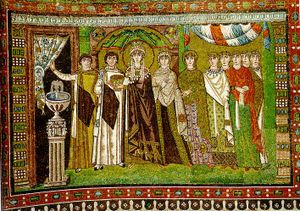 Empress Theodora and her retinue (fresco from Basilica of San Vitale, 6th century).