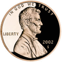 2002 Lincoln cent, Obverse, proof with cameo.